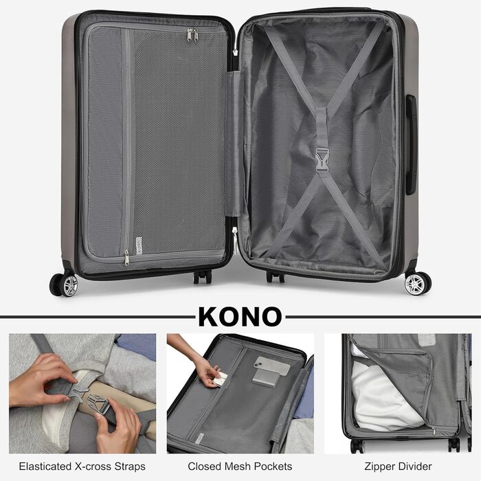 Валіза KONO, ручна поклажа, легка тверда оболонка, з замком TSA та подвійними обертовими колесами для подорожей та бізнесу, 55x35x22 см, сіро-сіра M (55 x 35 x 22 см)