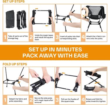 Складаний кемпінговий стілець Sportneer, портативний кемпінговий стілець, вантажопідйомність 150 кг, надлегкий, маленький складний стілець із сумкою для пікніків, активного відпочинку на свіжому повітрі, походів, 1 чорний