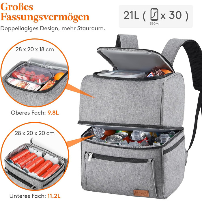 Ізольована сумка-холодильник Lifewit 21L 30 Can, термосумка для обіду, рюкзак-холодильник, герметична двоповерхова сумка-холодильник для чоловіків, жінок, мам для обіду, пікніка, покупок, подорожей, сіра