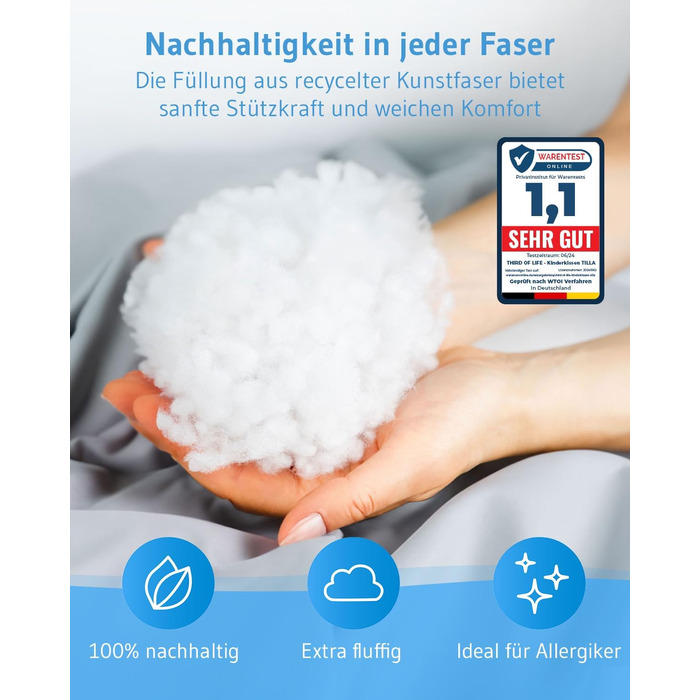 Дитяча подушка 40x60, Регульована по висоті дитяча подушка від 3 років, Екологічно чиста дитяча подушка TILLA - зроблено в ЄС, Зат