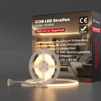 Світлодіодна стрічка Shine Decor COB 2м, AC 220-230V, IP65 Водонепроникна, SMD2025 286 LED/м, Надяскрава світлова лінія для кухні, саду та освітлення (2м, Теплий білий, Сертифікат CE). Теплий білий, 2 метри.