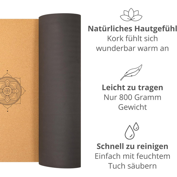 Килимок для йоги преміум-класу з корком (товщина 4 мм) - Нековзний килимок для фітнесу з лініями вирівнювання - Килимок для пілатесу Сумка для йоги Мандала