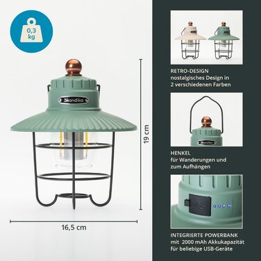 Світлодіодний кемпінговий ліхтар Skandika Soroya в ретро-стилі Регульований колір світла, з регульованою яскравістю, акумулятор 2000 мАг, 500 люмен Ідеально підходить для кемпінгу, саду, активного відпочинку на свіжому повітрі, зелений