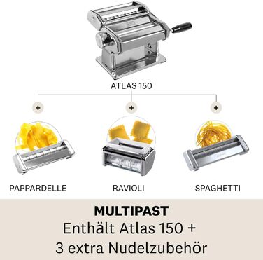 Набір для приготування пасти Marcato Multipast, хромована сталь, різні формати локшини, 20 x 20 x 15 см, легке використання, насадка для паппарделле 10 мм