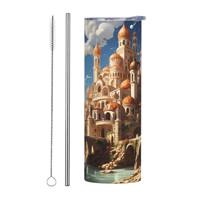 Дорожня кружка з прямою трубочкою, замок у стилі аніме, дизайн неба, підходить для кемпінгу, офісу та дому, 590 мл