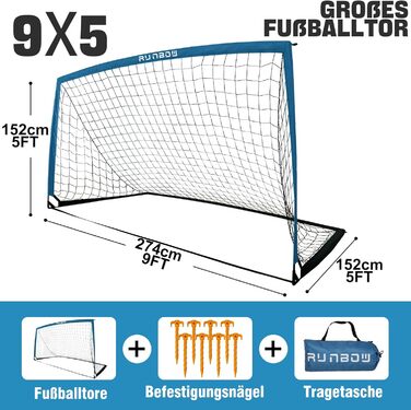 Портативні футбольні ворота RUNBOW для дітей, для гри на задньому дворі, для тренувань юніорів, з сумкою для перенесення, 2,7 x 1,5 м, сіро-блакитні (274 x 152 см), 2 шт.