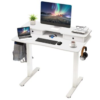 Письмовий стіл з регульованою висотою, електричний стіл для роботи стоячи з підставкою для монітора, 2 шухляди, 2 гачки, невеликий комп&39ютерний стіл з регульованою висотою від 73 до 122 см, для навчання та офісу (білий)