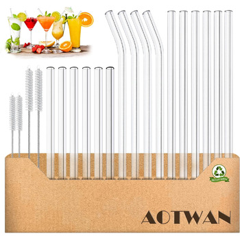 Скляні соломинки AOTWAN багаторазові 20 шт. скляних соломинок, 6 коротких 6 довгих прямих скляних соломинок, 4 вигнуті скляні соло