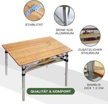 Складаний кемпінговий стіл, бамбук, складний, регульований по висоті, садовий стіл для вулиці, складний з алюмінієвими ніжками для кемпінгу, пікніків, приготування їжі, походів, подорожей - 100 x 60 см
