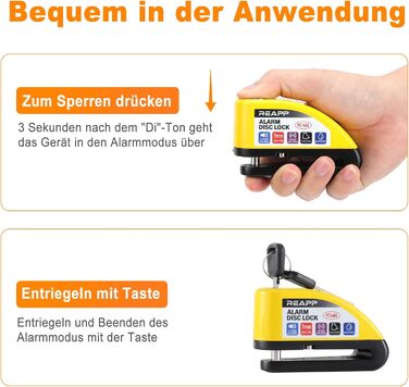 Замок гальмівного диска з сигналізацією 110 дБ, жовтий, для мотоциклів і велосипедів, з 1,5 м кабелем