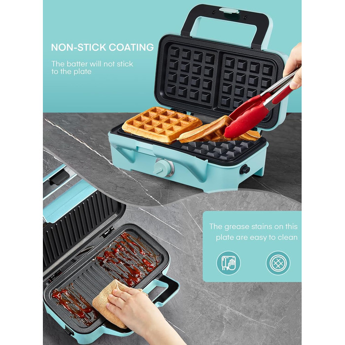 Бутербродниця 3 в 1, вафельниця/контактний гриль/бутербродниця 1200 Вт, 5-швидкісний контроль температури, набори пластин Coater з антиприлипним покриттям, термоізольована ручка, можна мити в посудомийній машині, світлодіодні лампи, синій