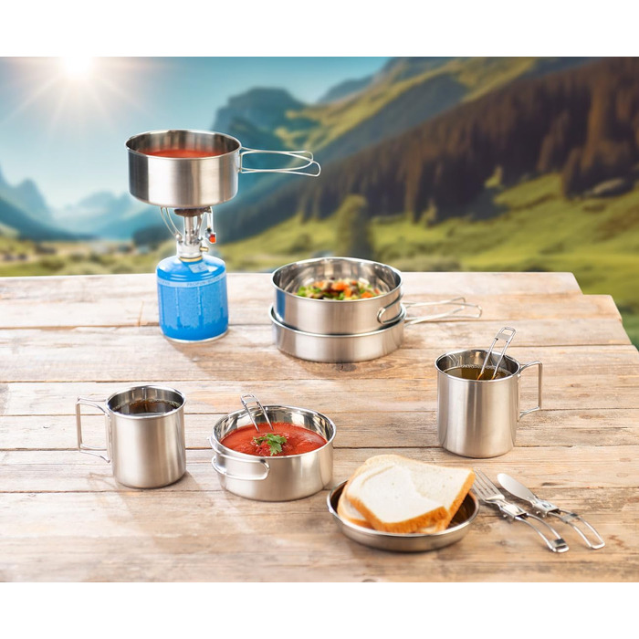 Кемпінгова сковорода Semptec Urban Survival Technology набір посуду для кемпінгу з нержавіючої сталі з 24 предметів, столовими приборами та сумкою (набір каструль, набір сковорідок)