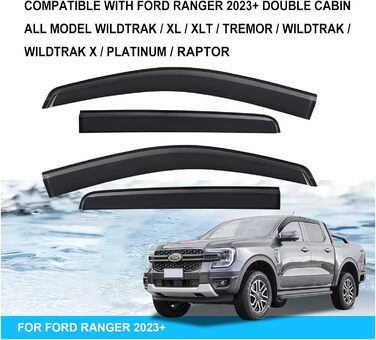 Вітровий дефлектор JHCHAN для аксесуарів Ford Ranger 2023 2024, Wildtrak Raptor Platinum Tremor XL XLT T9 Подвійні вікна кабіни, зовнішній чохол від дощу, наклейка, димчастий чорний, PMMA, 4 шт. и на 2023 рік 2024 Ranger