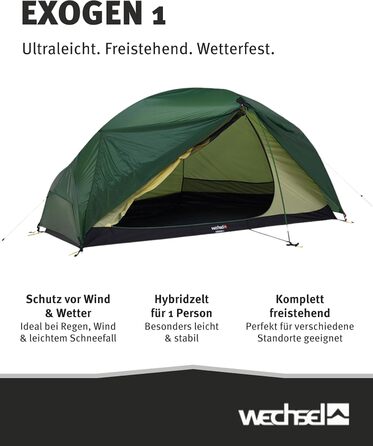 Трекінговий намет Wechsel Exogen 1/2 I Легкий намет для 1 особи / 2 осіб I Ультралегкий намет I Компактний, швидко встановлюється та портативний I Намет для кемпінгу, походів та перевезення велосипедів 1 ОСІБ.
