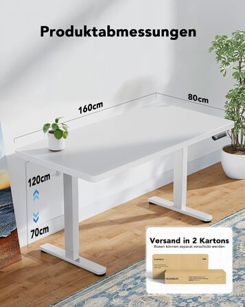 Стіл з регульованою висотою 160x80 см, товщина 25 мм, повна стільниця з безщітковим двигуном, ергономічний стіл для сидіння та стояння, легкий монтажний електричний стіл для домашнього офісу, білий 160*80 см