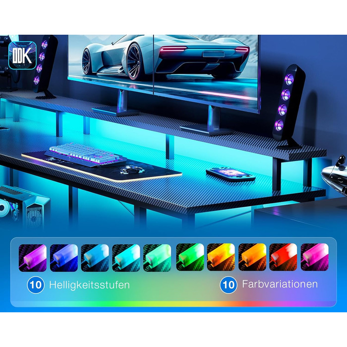 Ігровий стіл ODK зі світлодіодним освітленням, двосторонній ігровий стіл 150102 см з 2 розетками та 2 портами USB для зарядки, великий кутовий стіл із сітчастою полицею, чорний колір з вуглецевого волокна 150102 см з вуглецевого волокна, чорний колір