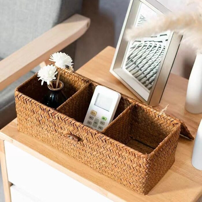 Кошик для зберігання з морської трави з кришкою, плетений кошик для зберігання у ванну кімнату, плетена скринька для зберігання у ванній кімнаті з 3 відділеннями (33 x 13 x 11 см)