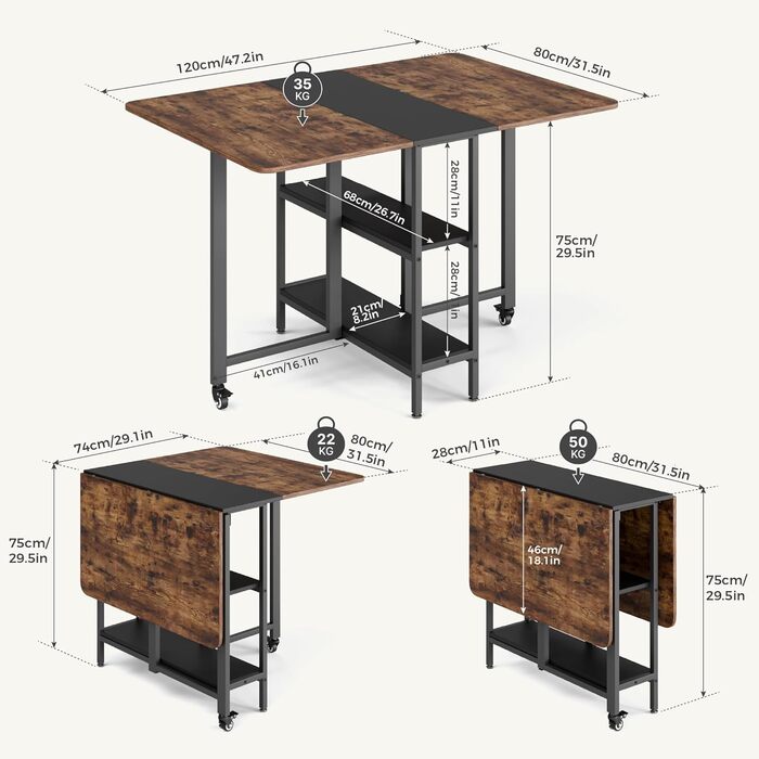 Мобільний розкладний обідній стіл Mondeer, розкладний стіл з 2 відкритими полицями для невеликих приміщень, їдальні, кухні, 120 x 80 x 75 см, сільський коричневий та чорний