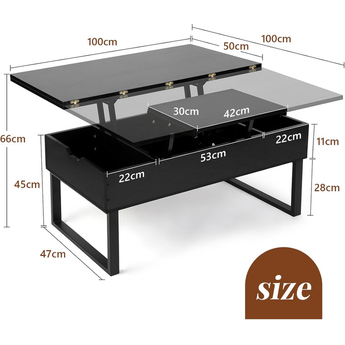 Журнальний столик VOWNER з регульованою висотою, багатофункціональний стіл для вітальні 3-в-1 з прихованим місцем для зберігання, який трансформується у обідній стіл для вітальні, чорний з деревним малюнком