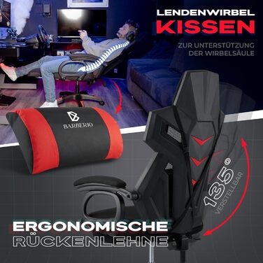 Ергономічне ігрове крісло BARBERIO, офісне крісло, вантажопідйомність 150 кг, повітропроникна сітка, з підставкою для ніг, регульовані підлокітники, сидіння 54 см, поворот на 360, подушка для поперекової підтримки, регульована висота (чорно-червоне)