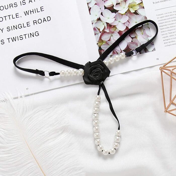 Набір із 6 жіночих стрінгів з відкритою промежиною з перлинами, квітами та отворами, чорні мереживні сексуальні стрінги, білизна з відкритою промежиною, стрінги, стрінги, V-подібні стрінги (6 моделей)