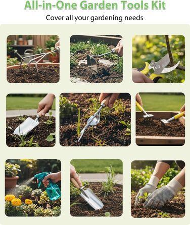 Набір садових інструментів MOSFiATA Gartenwerkzeug 12 предметів, міцна нержавіюча сталь, дерев'яні ручки з антиковзким покриттям та водонепроникна сумка для транспортування