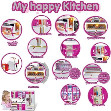 Іграшкові меблі для лялькової кухні, ляльковий будиночок для дітей, реалістичне світло та звуки з робочою варильною поверхнею, духовкою, раковиною, дверцятами холодильника та безліччю аксесуарів, іграшка 40 x 30 см