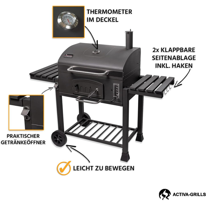 Мангал для вугілля ACTIVA Angulatus I Мангал для вугілля з кришкою, регульованим піддоном для вугілля та термометром I Візок для б