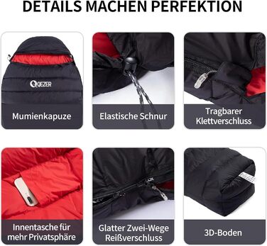 Пуховий спальний мішок, зимовий спальний мішок, наповнений качиним пухом щільністю 650. Сертифіковано RDS. Підходить для температур від 8C до -30C, ідеально підходить для кемпінгу та альпінізму. Чорний 8C
