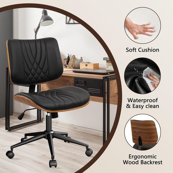 Офісне крісло CLATINA без підлокітників, стілець для столу з колесами, регульоване по висоті шкіряне поворотне комп&39ютерне крісло із середньою спинкою, сучасний стиль горіхового дерева для домашнього офісу, конференц-зал, чорний, комплект з