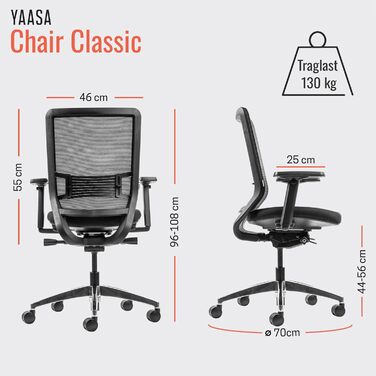 Ергономічне офісне крісло Yaasa Chair Classic, чорного кольору регульоване робоче крісло з поперековою опорою та 3D-підлокітниками обертове крісло для здорового сидіння в домашньому офісі та кабінеті сучасний дизайн, 130 кг, чорний класичний
