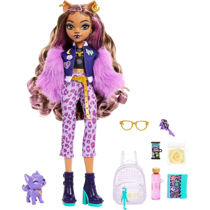 Лялька Monster High Клодін Вульф з собакою Кресентом та аксесуарами, такими як рюкзак, календар, снеки тощо, роздрібна ціна 65 HRP