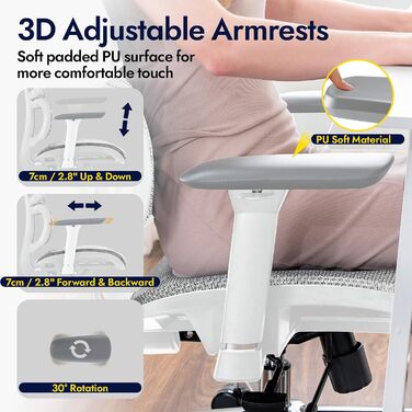 Ергономічне офісне крісло, висока спинка з сітчастого покриття та поперековою опорою, ігрове крісло з регульованими 3D-підлокітниками та підголівником, велике та високе обертове комп&39ютерне крісло, білий колір, 150 кг