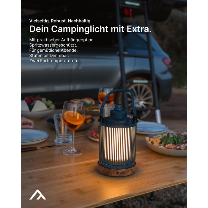 Світлодіодний кемпінговий світильник qeedo Lucia, акумуляторний (USB, батарейка типу АА або акумуляторна батарея), плавне затемнення, настільний світильник для кемпінгу на відкритому повітрі, темно-синій