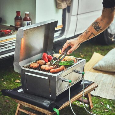 Складаний газовий гриль BURNHARD JONES з нержавіючої сталі з кришкою, 2 конфорки, 6,4 кВт, включаючи сумку для перенесення з функцією рюкзака та мультиінструмент, складаний гриль ідеально підходить для кемпінгу, складаний гриль JONES з 2 конфорками