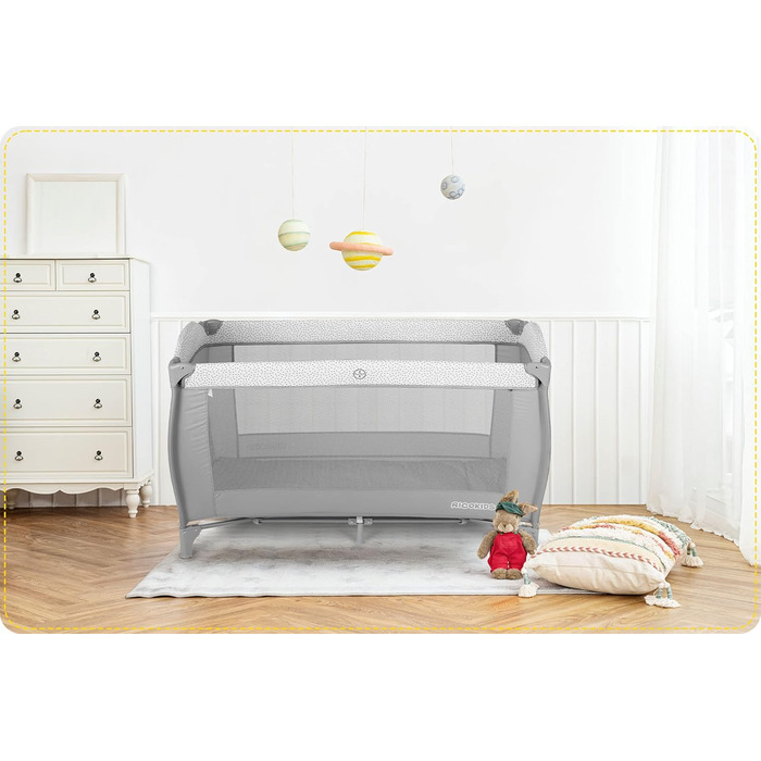 Дитяче ліжечко Ricokids з матрацом, 125 x 65 x 78 см, дорожнє ліжечко, вагою до 15 кг, 2 колеса з гальмами, бічний вхід, сумка для перенесення, функція гойдання, ігрова арка, пеленальний столик, складний, світло-сірий