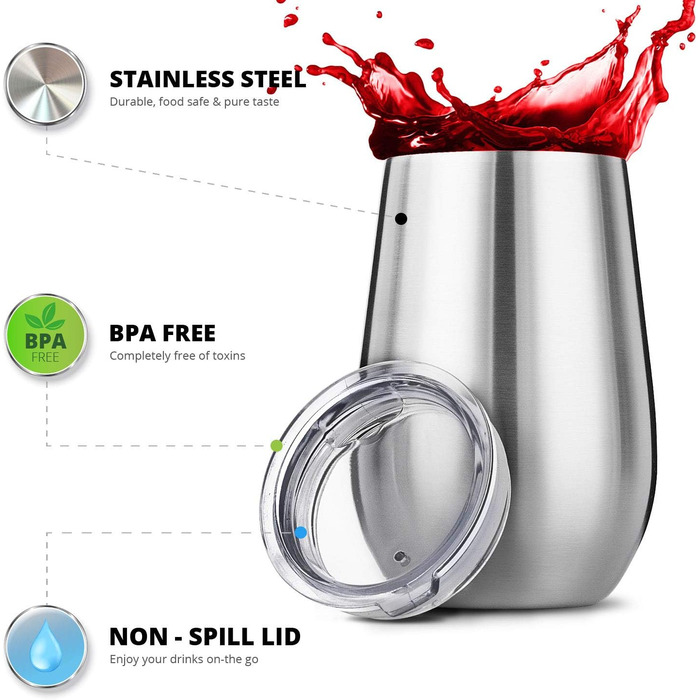 Келихи для вина з нержавіючої сталі Tru Blu Steel, з подвійними стінками, ізольовані, з кришкою - набір 2, металевий келих для вин