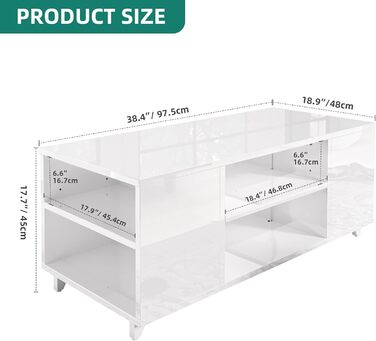 Журнальний столик YITAHOME, білий глянцевий, сучасний стіл для вітальні з 16-кольоровим світлодіодним підсвічуванням, журнальний столик біля дивана з регульованою полицею, 97,5 x 48 x 45 см, білий, без шухляд