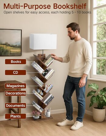 Книжкова полиця у формі дерева з підсвічуванням, 9-ярусна кутова полиця, пульт дистанційного керування та таймер, вузька дерев&39яна окремостояча полиця, невелика полиця для книг, CD та DVD, для вітальні, дитячої кімнати, офісу (колір рустик-коричневий)