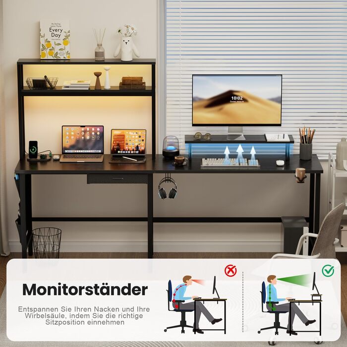 Ігровий стіл, кутовий стіл 150 x 100 см з 3 розетками та 2 USB-портами, двосторонній L-подібний ігровий стіл зі світлодіодним підсвічуванням, комп&39ютерний стіл з висувними ящиками та підставкою для монітора для ігор, домашній офіс, чорний 150 x 100 см