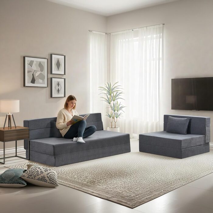 Двоспальний диван-ліжко 100 x 203 см, розкладний диван-ліжко, гостьовий матрац для 2 осіб - функція сну, диван-ліжко для вітальні/спальні з піною з ефектом пам&39яті та подушками, комплект крісел, що праються, темно-сірий, одинарний темно-сірий