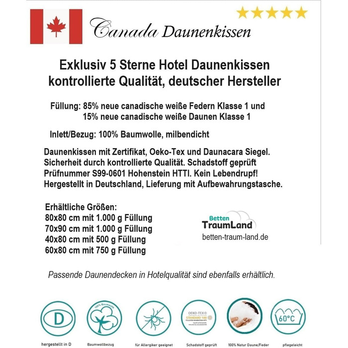 Пухова подушка Bach&39s Beds World, 5-зірковий готель, 80x80 см, Канада, 85 пір&39я, 15 пух, подушка DownPass з 1 камерою