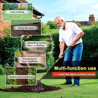 Професійний скребок для газону 43x25 см з лазерною різкою та регульованою ручкою - посилені шви та гладка кромка для вирівнювання ґрунту, розкидання добрив, мульчування та ландшафтного дизайну/152 см, синій