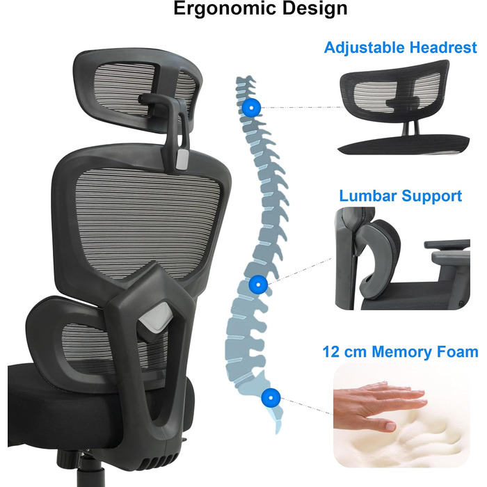 Ергономічне офісне крісло TITANO - Робоче крісло з регульованою висотою, підголівником та підлокітниками. Обертове крісло з функцією гойдання, поперековою опорою, піною з ефектом пам&39яті 12 см Вантажопідйомність 150 кг
