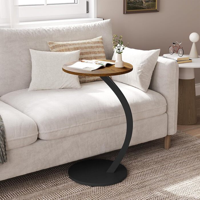 Журнальний столик WOLTU C-подібної форми, круглий журнальний столик, столик для дивана, маленький столик для дивана, ліжка, з металевим каркасом та стільницею з МДФ, індустріальний стиль, 40 x В 65 см, вінтажний вигляд дерева, BTS21hov