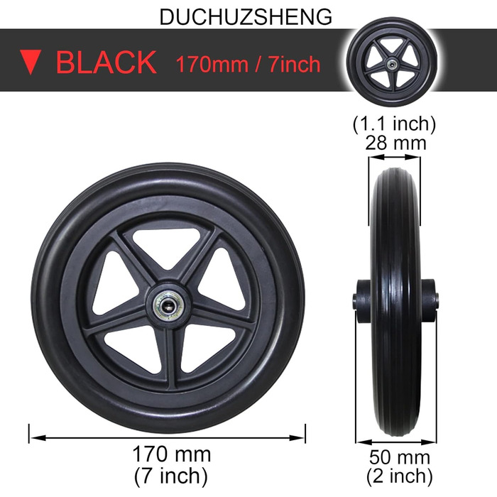 Дюймові запасні колеса для інвалідного візка переднє колесо, 2 шт. и запасних коліщаток для інвалідного візка, тверда гумова заміна передніх коліс, 150мм 170мм 190мм, з підшипником і кріпильними гвинтами, колеса для інвалідного візка запасні 170мм (7 дюйм