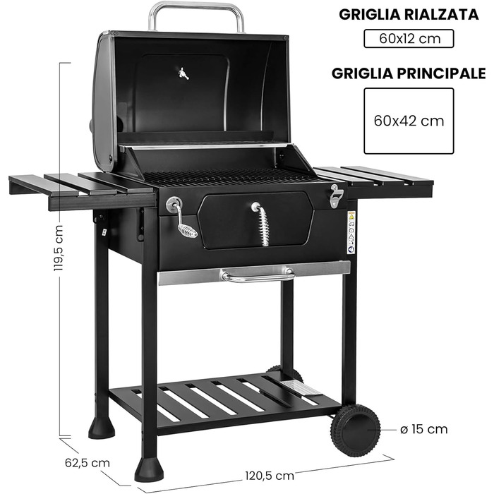 Сталевий вугільний гриль з міцними колесами, подвійним грилем, термометром та регулюванням висоти решітки, вугільний гриль з бічними поличками