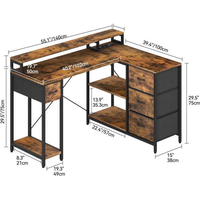 Г-подібний письмовий стіл DWVO, 140x100x85 см, двосторонній кутовий стіл з 4 шухлядами та полицею для монітора, Г-подібний стіл з 2 USB-портами для зарядки та 2 розетками для домашнього офісу, коричневий, чорний, білий (коричневий)