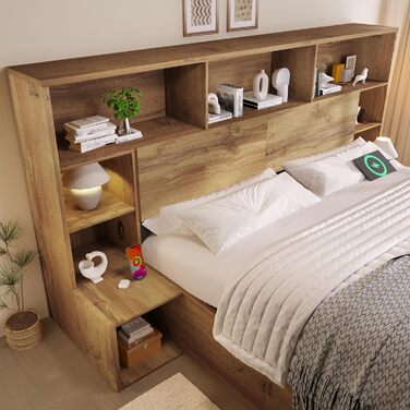 Двоспальне ліжко ANIROY, дерев&39яне ліжко 180x200 см, гідравлічне ліжко з місцем для зберігання речей та узголів&39ям, узголів&39я для зберігання речей зі світлодіодним підсвічуванням та портом USB-C, каркас ліжка System з рейковою основою, матрац не вхо