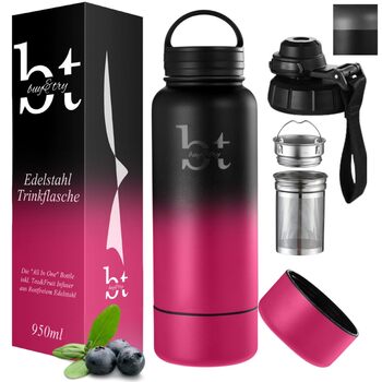 Спортивна пляшка з фруктовим заварювачем, пляшка для води об&39ємом 1 літр (950 мл), термос з нержавіючої сталі, термопляшка для кави/чаю, термос з чашкою, термос з фільтром для розсипного чаю (рожевий/чорний)